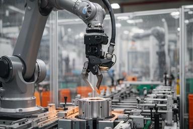 Braccio robotico che assembla componenti metallici su una linea produttiva