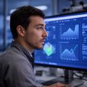 Specialista di dati che analizza grafici di produzione su un grande monitor