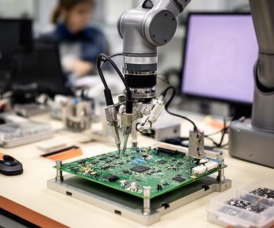 Cobot che esegue il test di una scheda elettronica su un banco di produzione