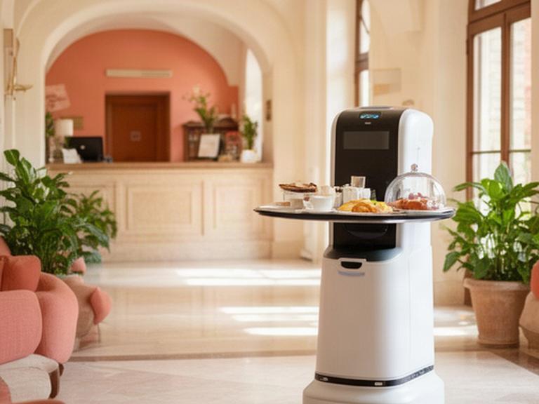 Robot di servizio con vassoio nella hall luminosa di un hotel di charme toscano